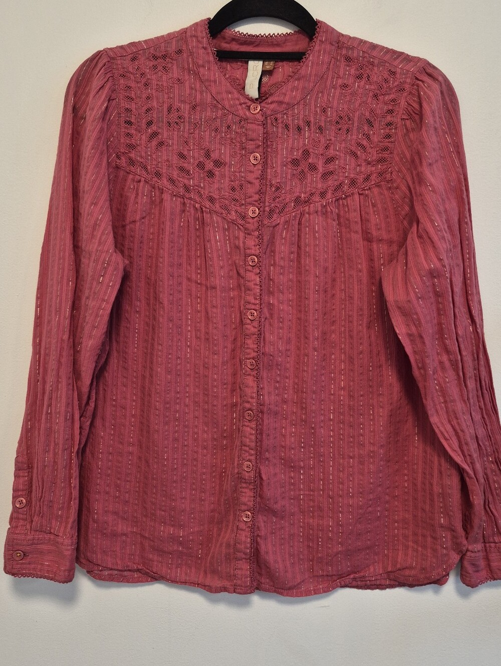 Anthropologie Pilcro The Victoria Lace Button Down Blouse Pink Metallic Sz 14 - Picture 4 of 14